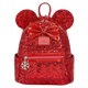 A red sequined mini backpack featuring Minnie Mouse ears, a large shiny red bow, and a silver snowflake charm, shown on a plain white background.