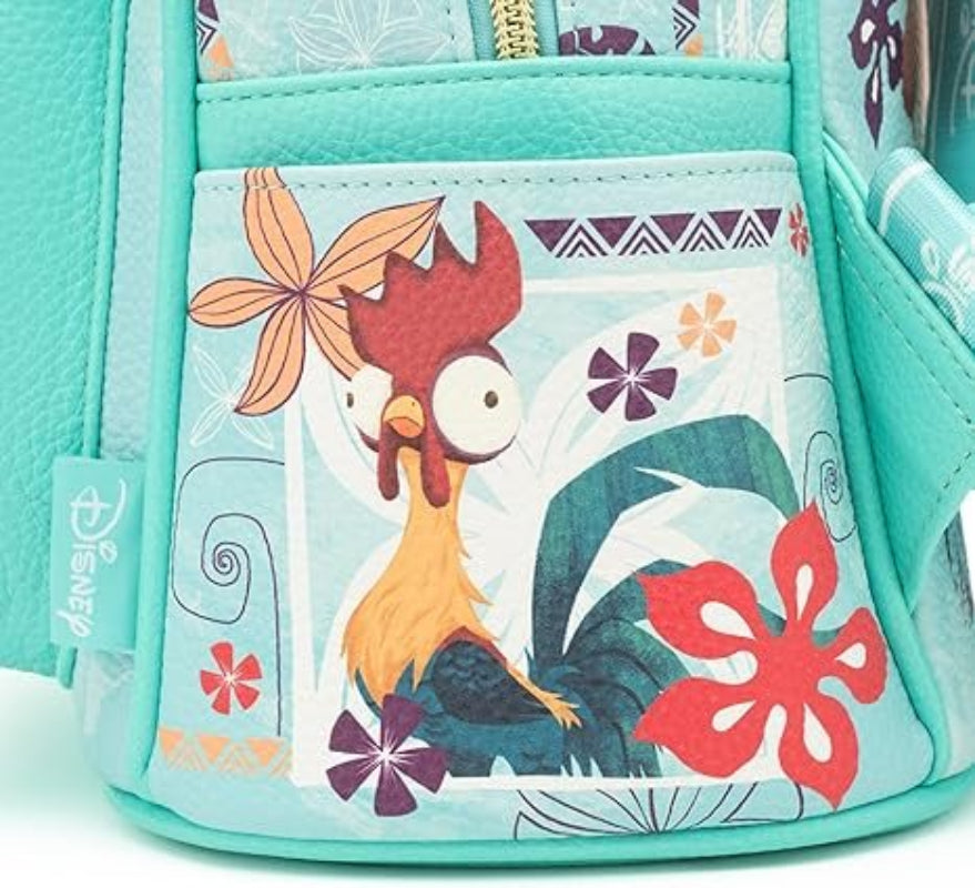 A close-up of a turquoise Disney-themed pouch featuring a colorful graphic of Hei Hei the rooster with tropical flowers and leaf patterns.