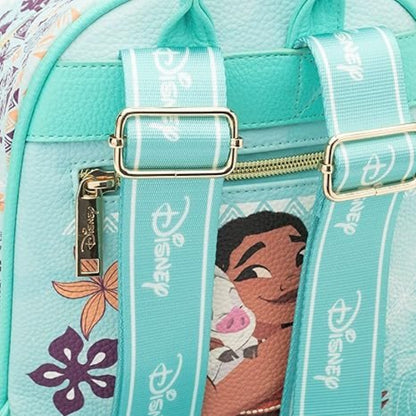 Close-up of a turquoise Disney backpack featuring a character print, floral motifs, and wide branded shoulder straps with gold-tone buckles.