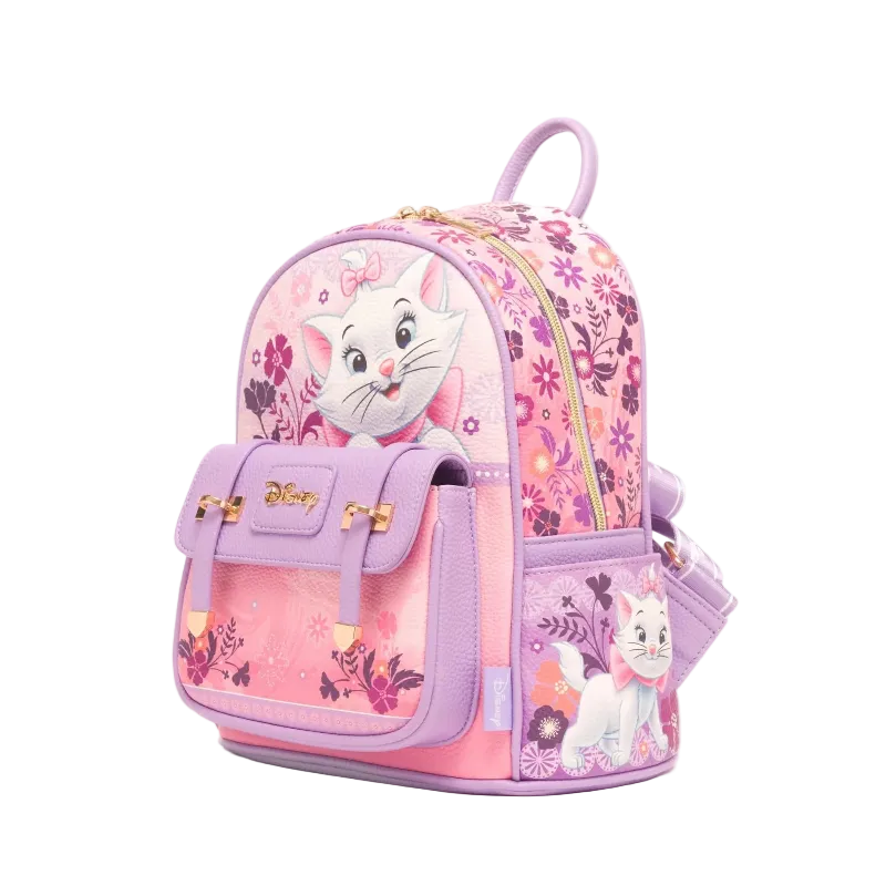 A pink and purple Disney backpack featuring Marie the cat character and floral patterns, shown on a clean white background.