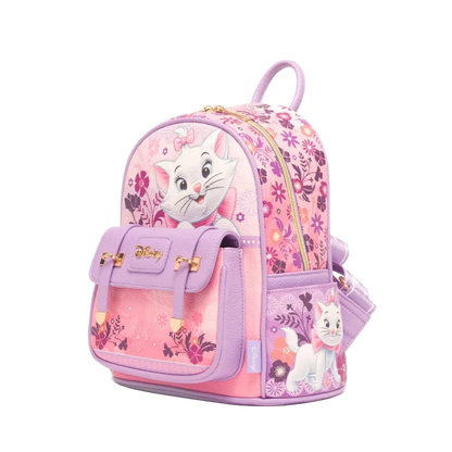 A pink and purple Disney backpack featuring Marie the cat character and floral patterns, shown on a clean white background.