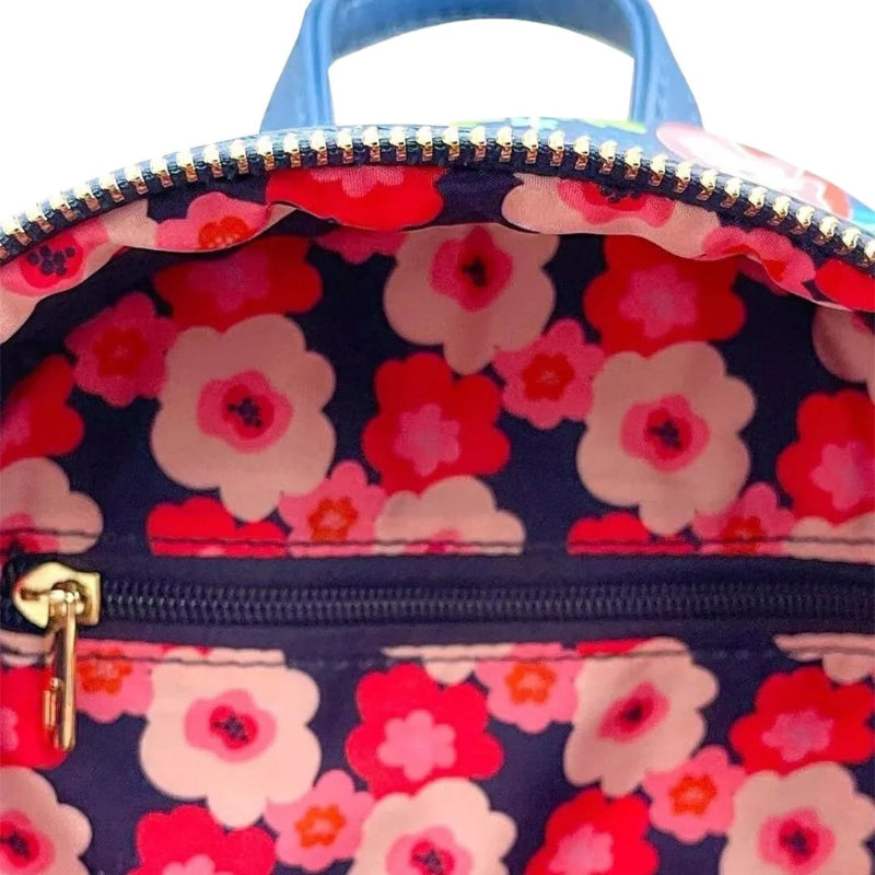 Floral patterned bag with a gold zipper on a white background