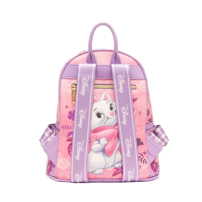 A pink and purple Disney-themed backpack featuring a cartoon illustration of Marie the cat on the front, with lavender shoulder straps printed with the Disney logo, set against a plain white background.