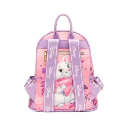 A pink and purple Disney-themed backpack featuring a cartoon illustration of Marie the cat on the front, with lavender shoulder straps printed with the Disney logo, set against a plain white background.