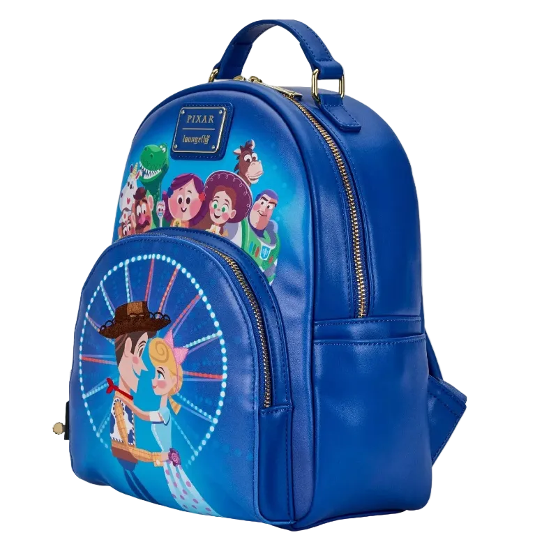 Blue backpack with animated character design on a white background