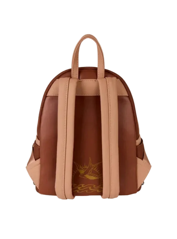 Brown backpack with tan straps on a white background