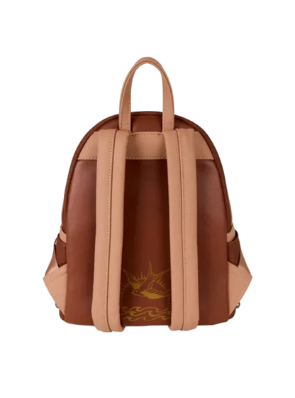 Brown backpack with tan straps on a white background