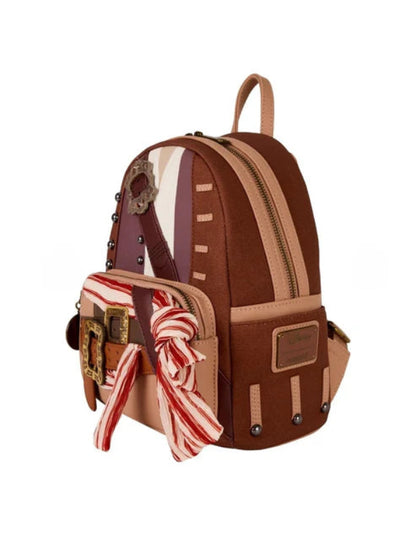 Brown backpack with decorative elements on a white background