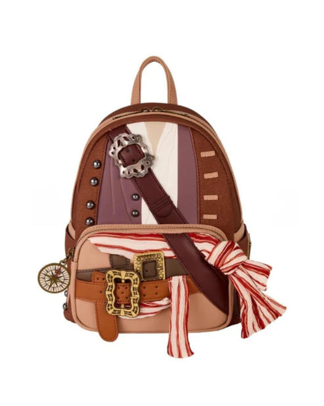 Brown backpack with decorative elements and a striped scarf on a white background