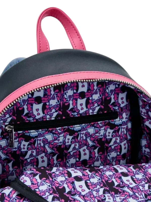 Backpack with pink straps and a colorful interior pattern on a white background