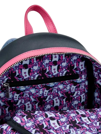 Backpack with pink straps and a colorful interior pattern on a white background
