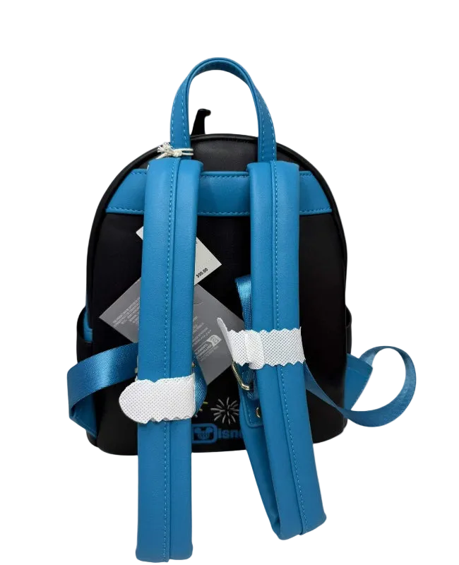 Black backpack with blue straps on a white background