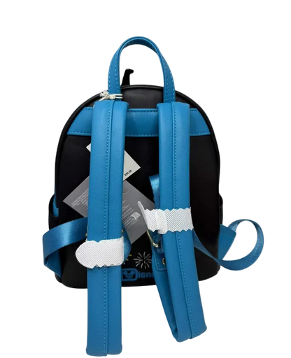 Black backpack with blue straps on a white background