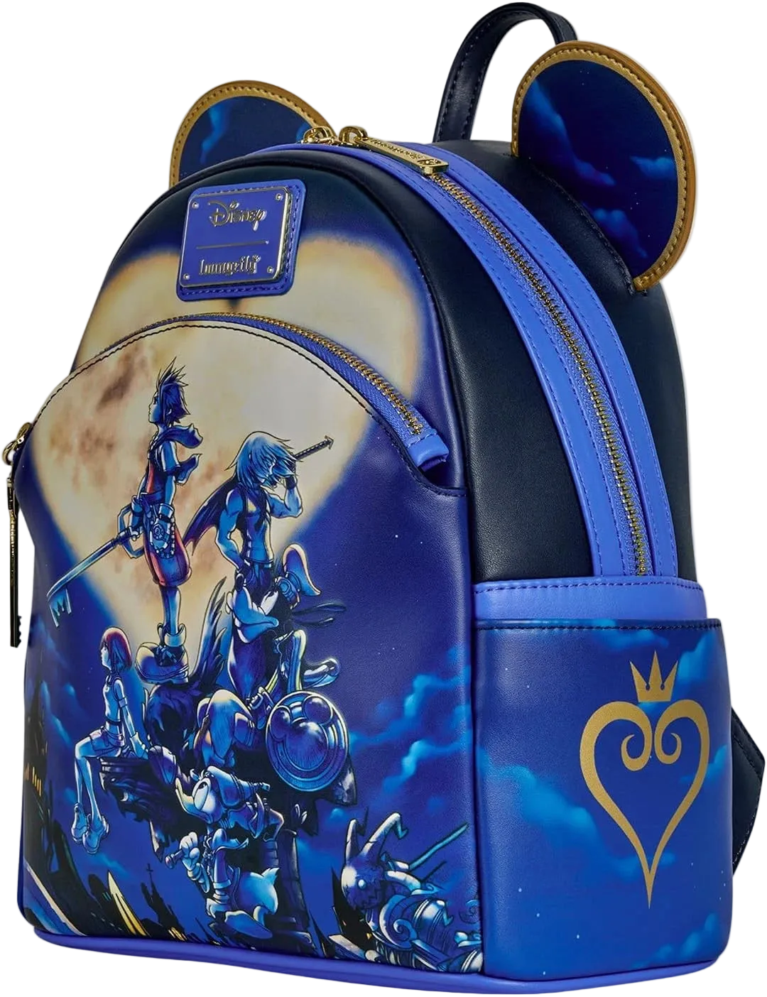 Blue backpack with Disney character design on a white background