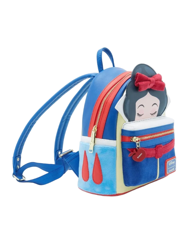 Backpack designed like a character with blue, red, and white colors on a white background
