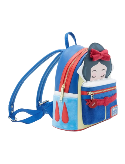 Backpack designed like a character with blue, red, and white colors on a white background