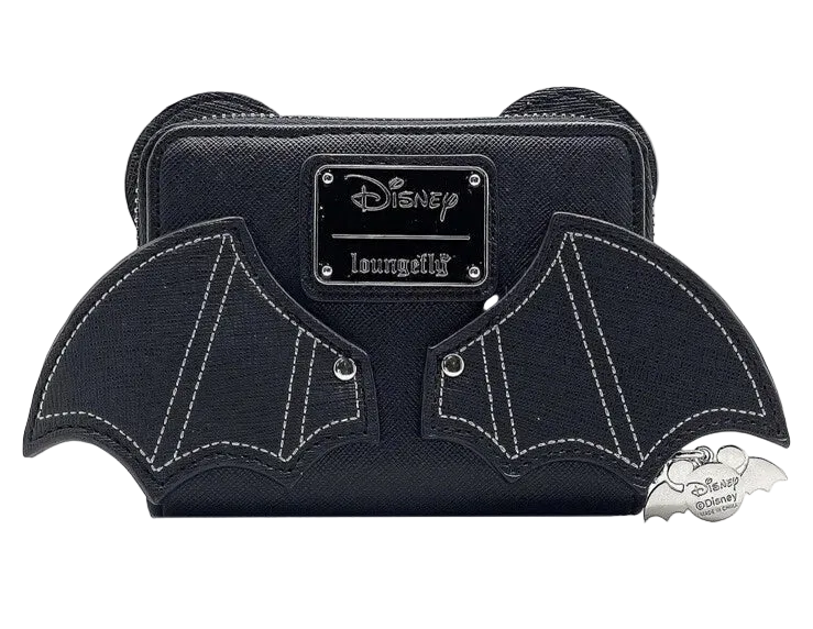 A black textured Disney Loungefly wallet featuring a bat-wing design and a silver-tone metal logo plaque on the front, shown against a plain white background.