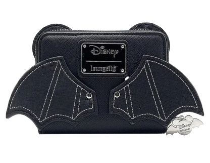 A black textured Disney Loungefly wallet featuring a bat-wing design and a silver-tone metal logo plaque on the front, shown against a plain white background.