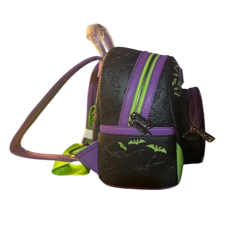 Black backpack with purple accents and bat designs on a white background