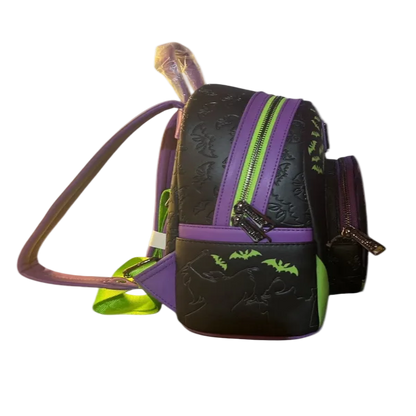 Black backpack with purple accents and bat designs on a white background