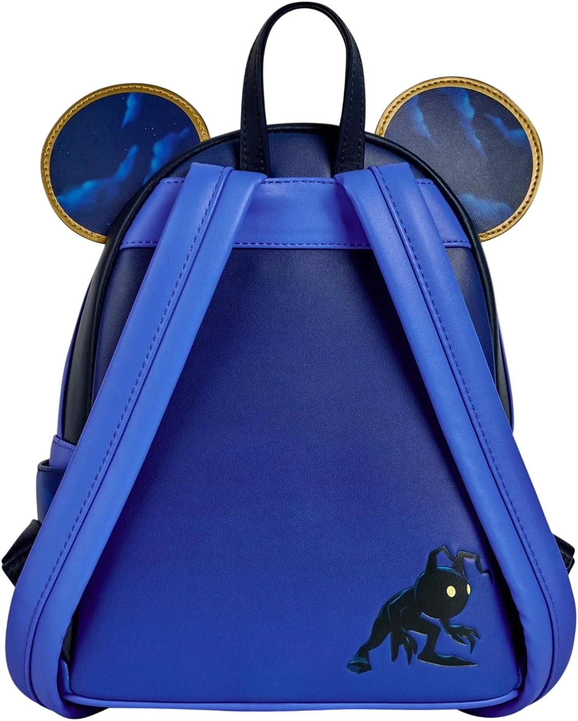 A blue backpack styled like a mouse head, featuring round ears with a blue marbled pattern and gold trim, and a black silhouette graphic on the lower right front.