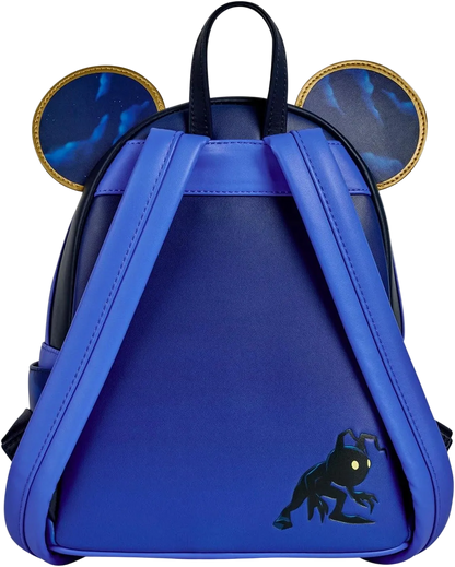 A blue backpack styled like a mouse head, featuring round ears with a blue marbled pattern and gold trim, and a black silhouette graphic on the lower right front.
