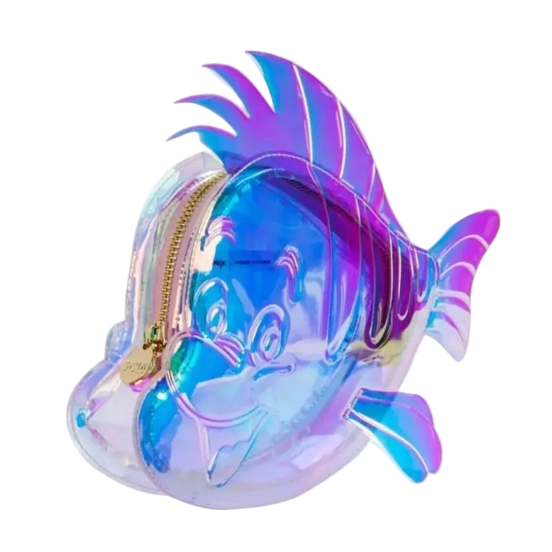 Iridescent fish-shaped pouch on a white background