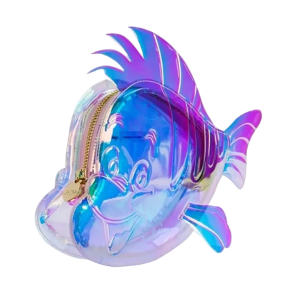 Iridescent fish-shaped pouch on a white background