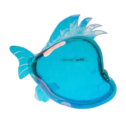 Blue fish-shaped pool float on a white background