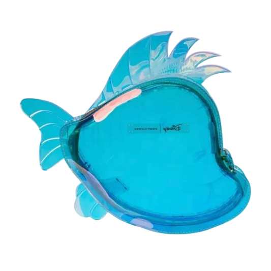 Blue fish-shaped pool float on a white background