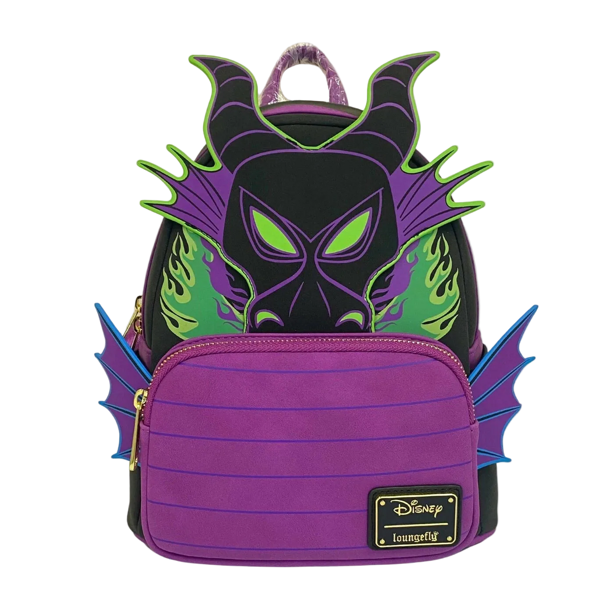 A purple and black Disney Loungefly Mini Backpack featuring Malice from Frozen, with green eyes, horns, and wings, on a white background.