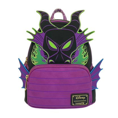 A purple and black Disney Loungefly Mini Backpack featuring Malice from Frozen, with green eyes, horns, and wings, on a white background.
