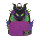 A purple and black Disney Loungefly Mini Backpack featuring Malice from Frozen, with green eyes, horns, and wings, on a white background.