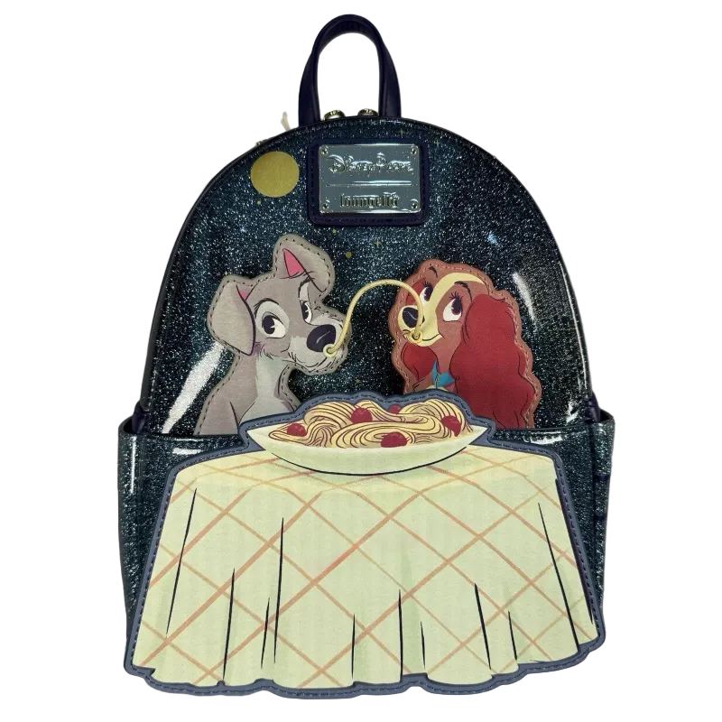 Backpack with animated characters at a dinner table on a white background