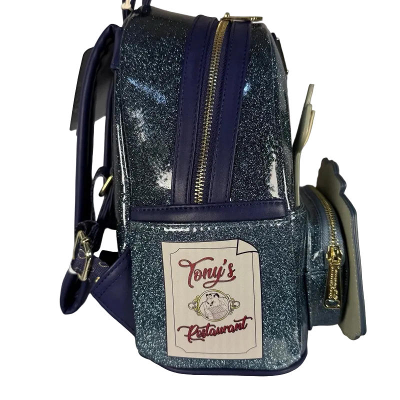 Blue glittery bag with a 'Tony's Restaurant' label on a white background