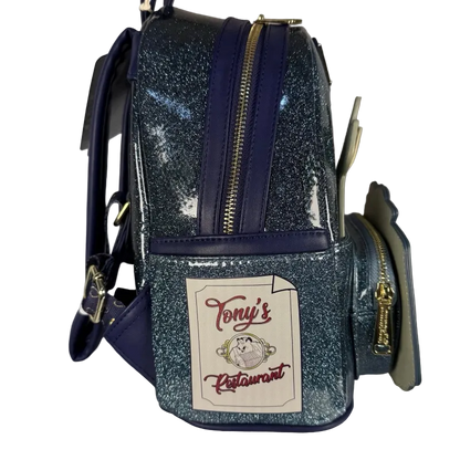Blue glittery bag with a 'Tony's Restaurant' label on a white background