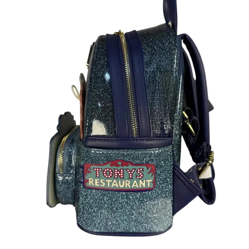 Glittery blue bag with 'Tony's Restaurant' patch on a white background