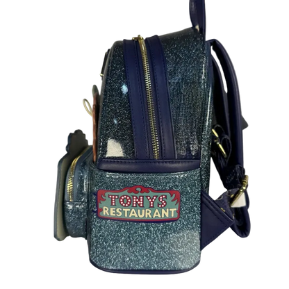 Glittery blue bag with 'Tony's Restaurant' patch on a white background
