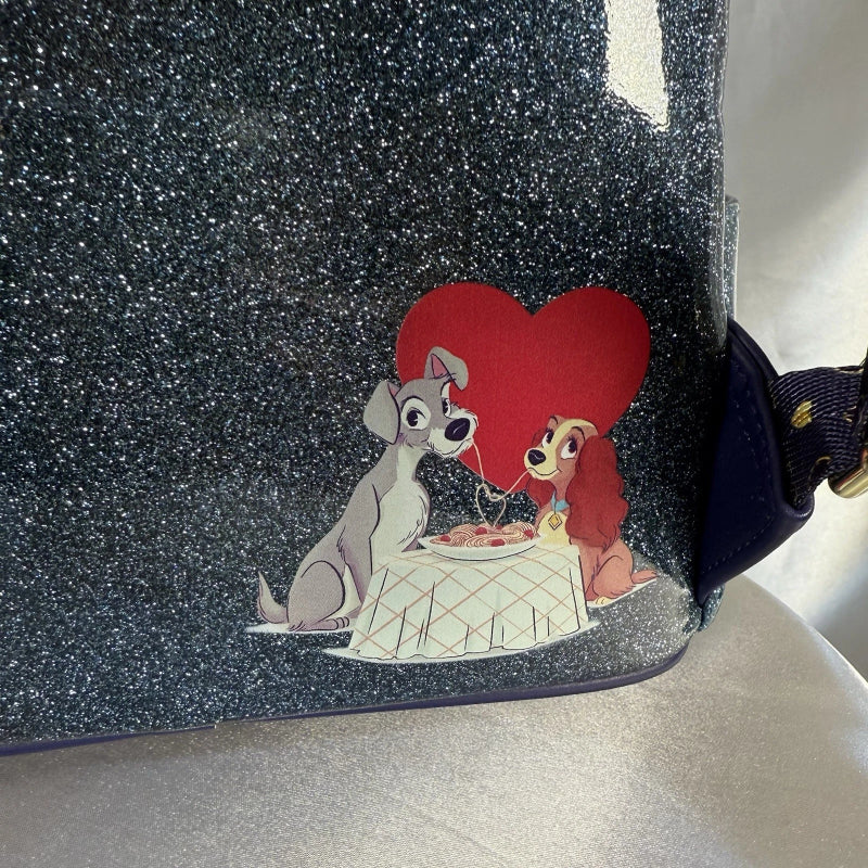 Glittery product with cartoon dogs and a heart design on a black background