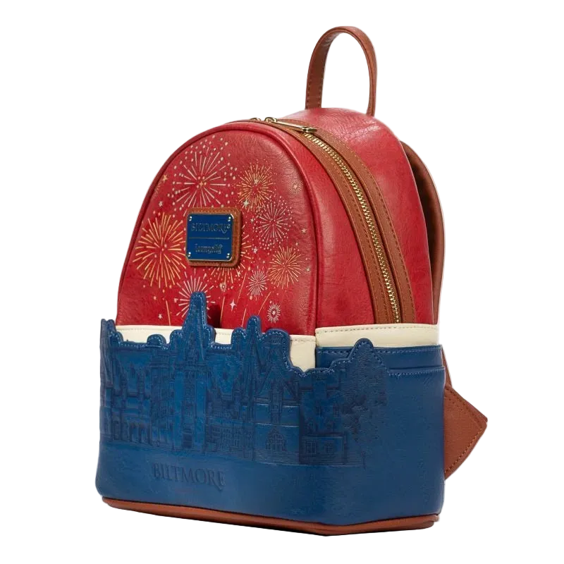 Red and blue backpack with 'Biltmore' design on a white background