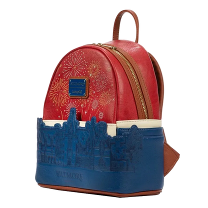 Red and blue backpack with 'Biltmore' design on a white background