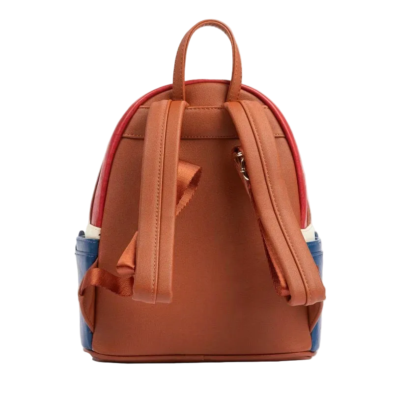 Brown backpack with red and blue accents on a light gray background