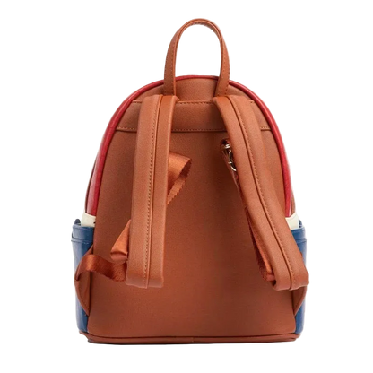 Brown backpack with red and blue accents on a light gray background