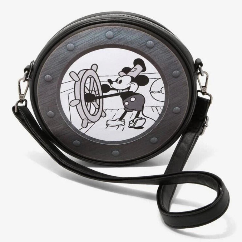 Round bag with a black and white illustration of a character at the center on a white background