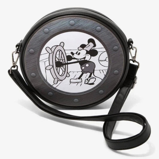 Round bag with a black and white illustration of a character at the center on a white background