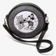 Round bag with a black and white illustration of a character at the center on a white background