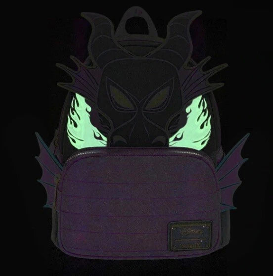 A purple dragon backpack with glowing green eyes and dark horns, shown against a black background.