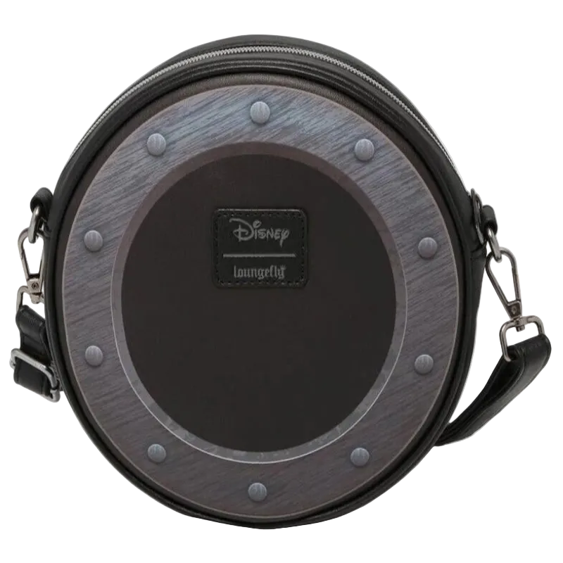 Round bag with metallic accents and Disney logo on a white background