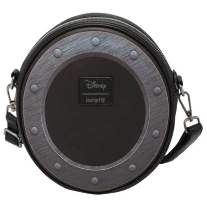 Round bag with metallic accents and Disney logo on a white background