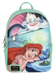 A Disney Toonyou backpack featuring a colorful graphic print of Disney's The Little Mermaid, with Ariel in the foreground and Ursula above, set against a mint green background.